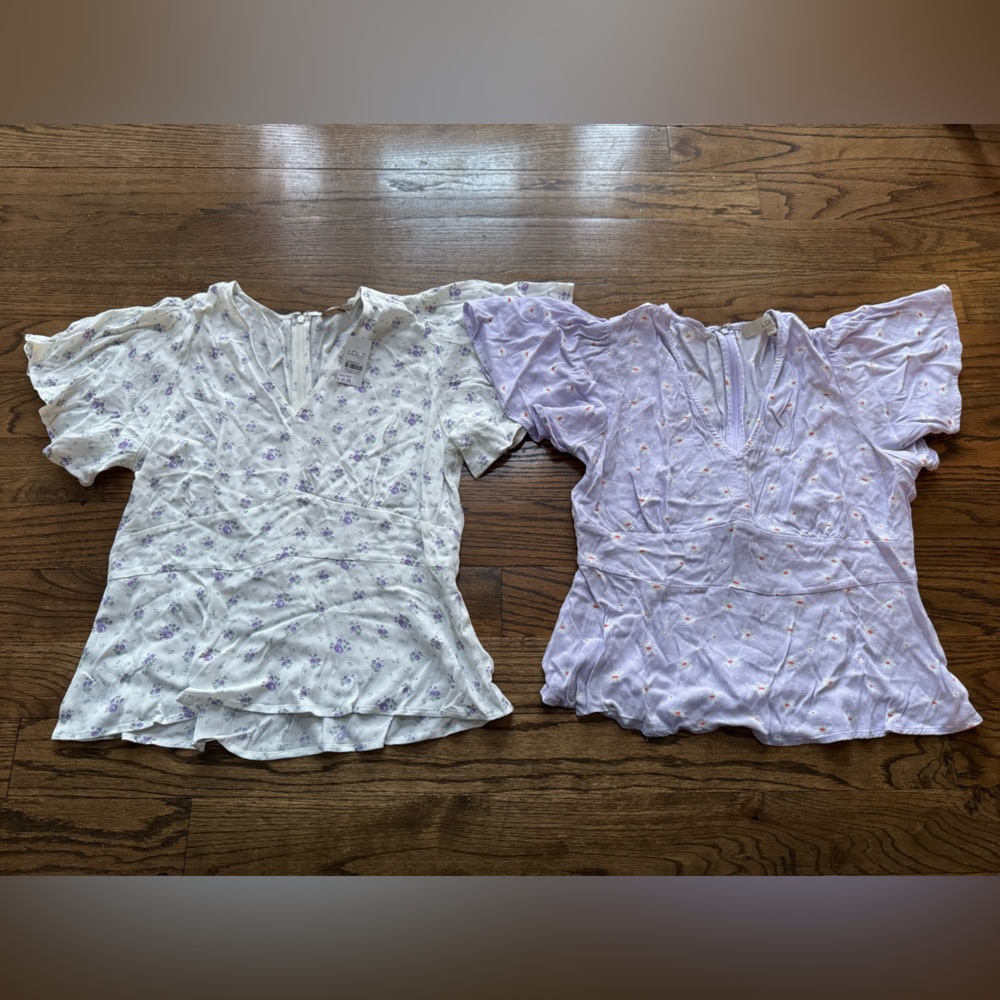LOFT Floral Blouse Bundle Size 8 Lavender & White Puff Sleeve Peplum Tops, 1 NWT